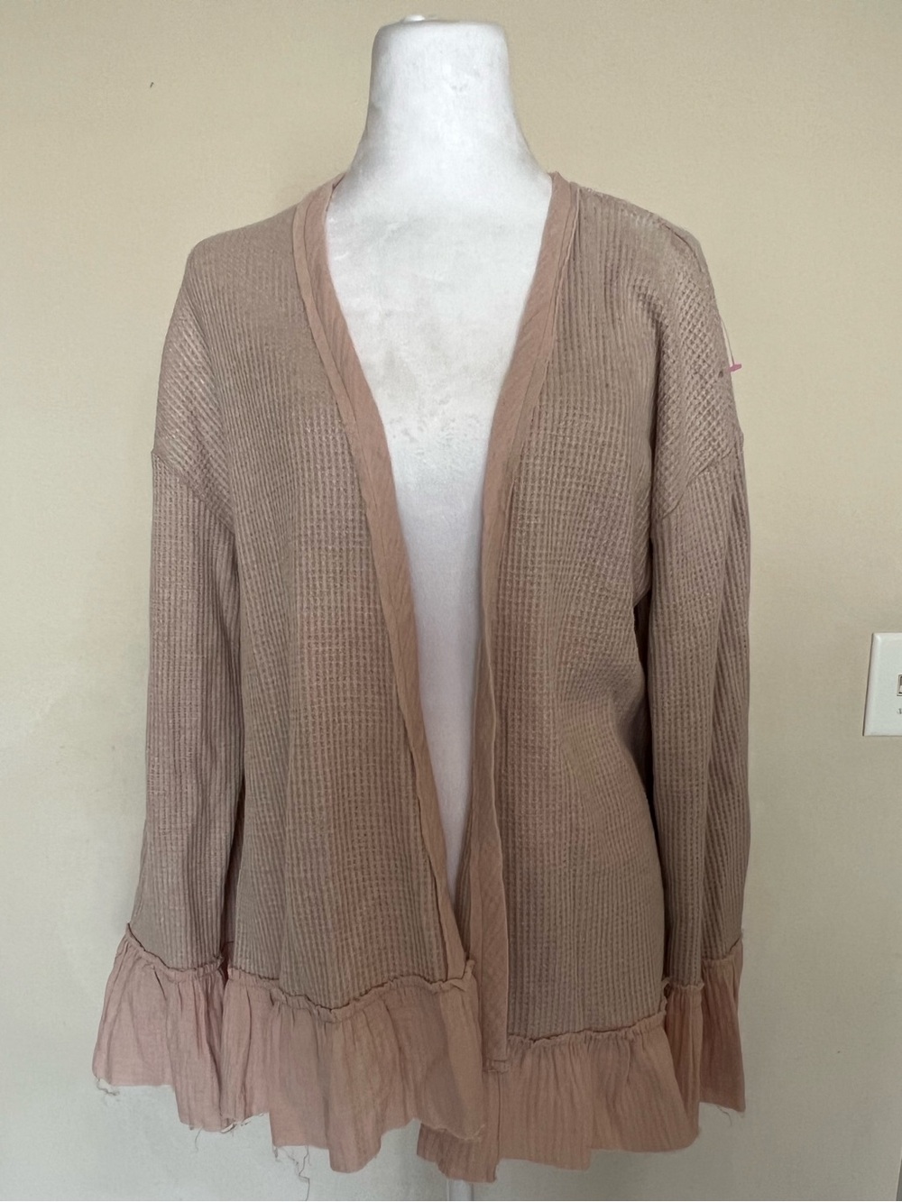 Pink Lily Open-Front Ruffle-Hem Cardigan in Taupe